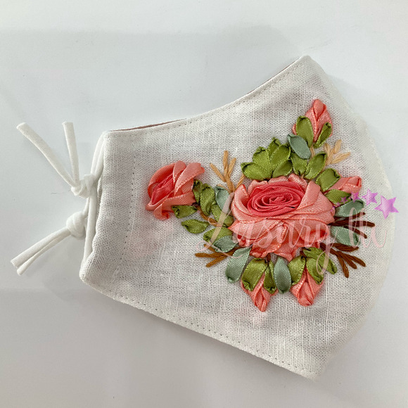 Orange Rose Embroidery Silk Mask, Wedding Gift, Washable Reusable 3 Layers - Picture 2 of 8